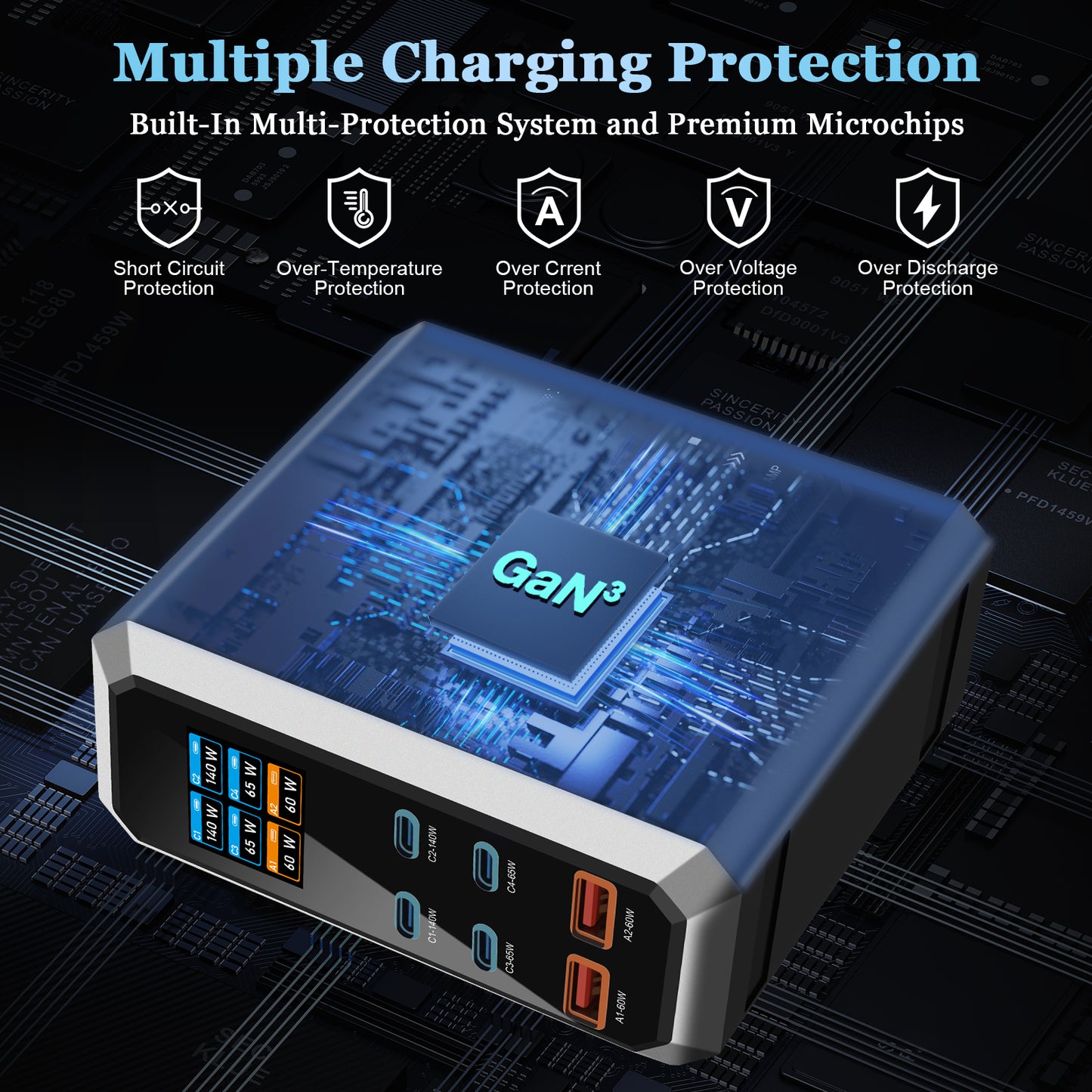 240W Digital GaN Charger PD3.1 140W USB Type C 6 Ports Desktop Fast Charging Station for IPhone Samsung Xiaomi MacBook Laptops