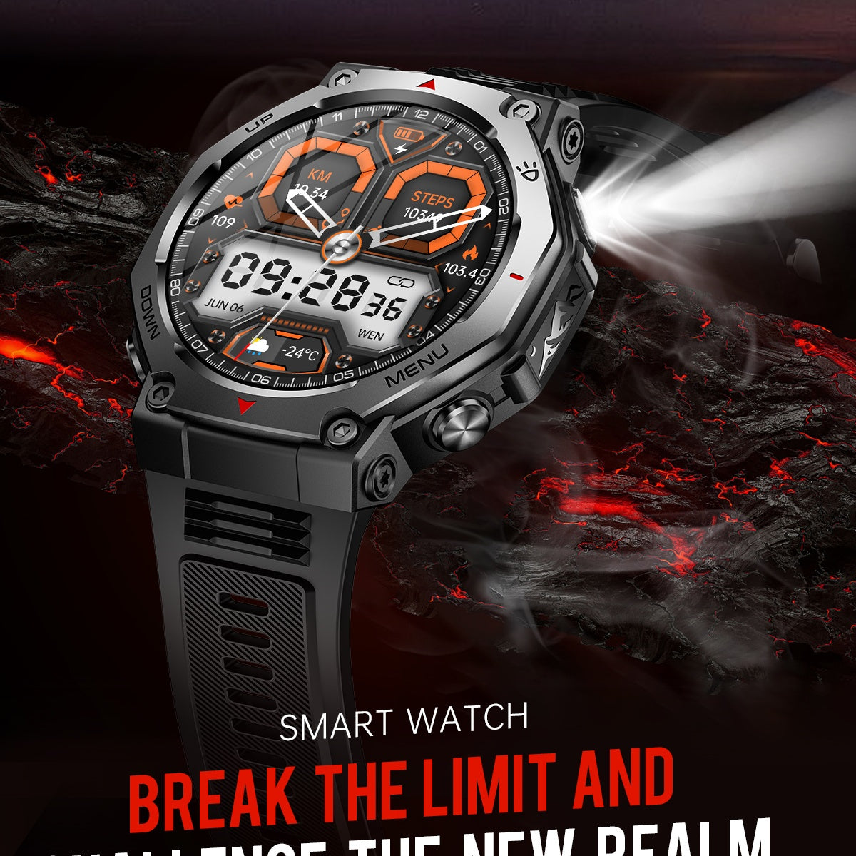 VWAR T-Rex Smartwatch mit Taschenlampe & UV-Licht 5ATM Wasserdichter Bluetooth-Anruf