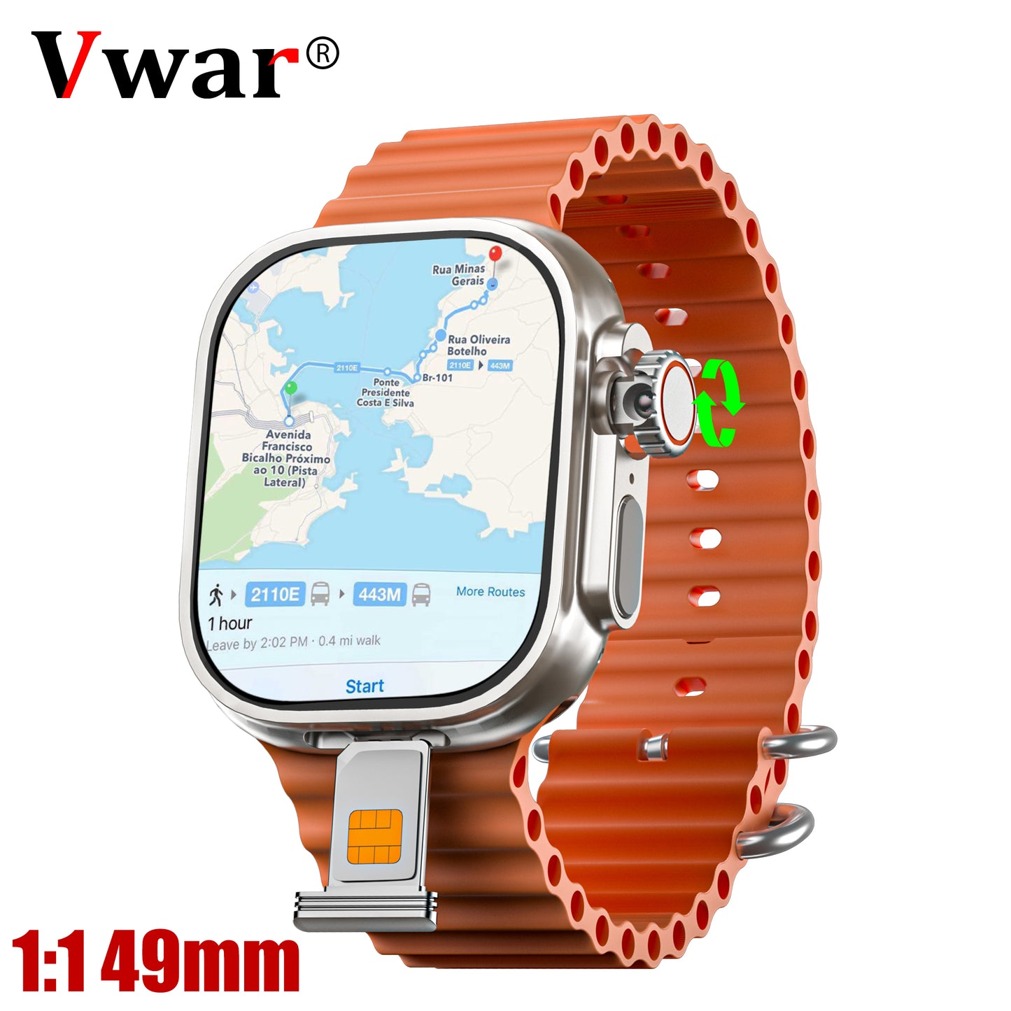 VWAR DW99 Ultra 4G Android Smartwatch mit 1:1 49mm AMOLED-Display, Kamera, SIM-Kartensteckplatz, WLAN und GPS