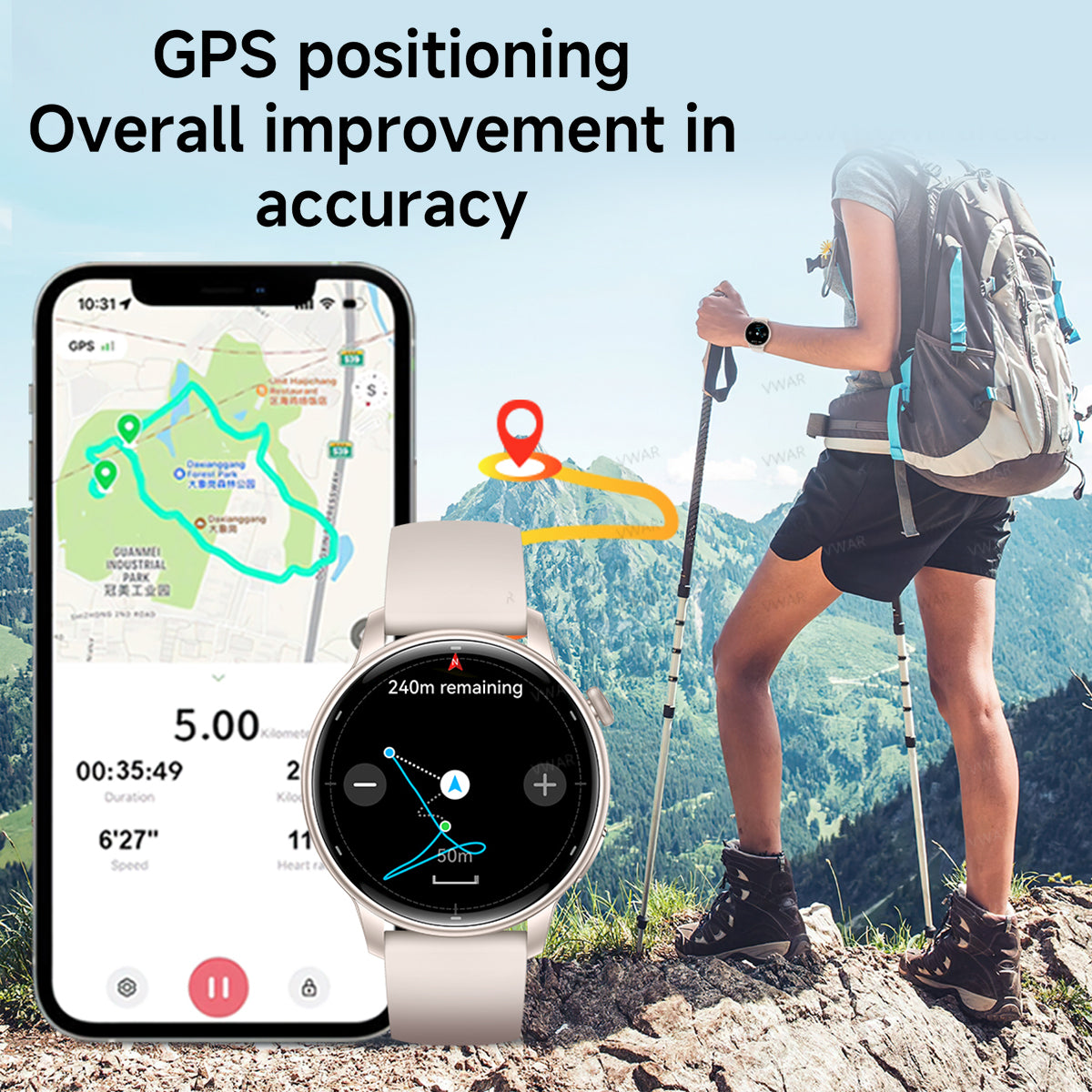 Vwar Lily 2 Damen-Smartwatch mit integriertem GPS 1.32" Fitnessuhr mit AMOLED-Bildschirm, 30 m wasserdicht, Bluetooth-Anruffunktion
