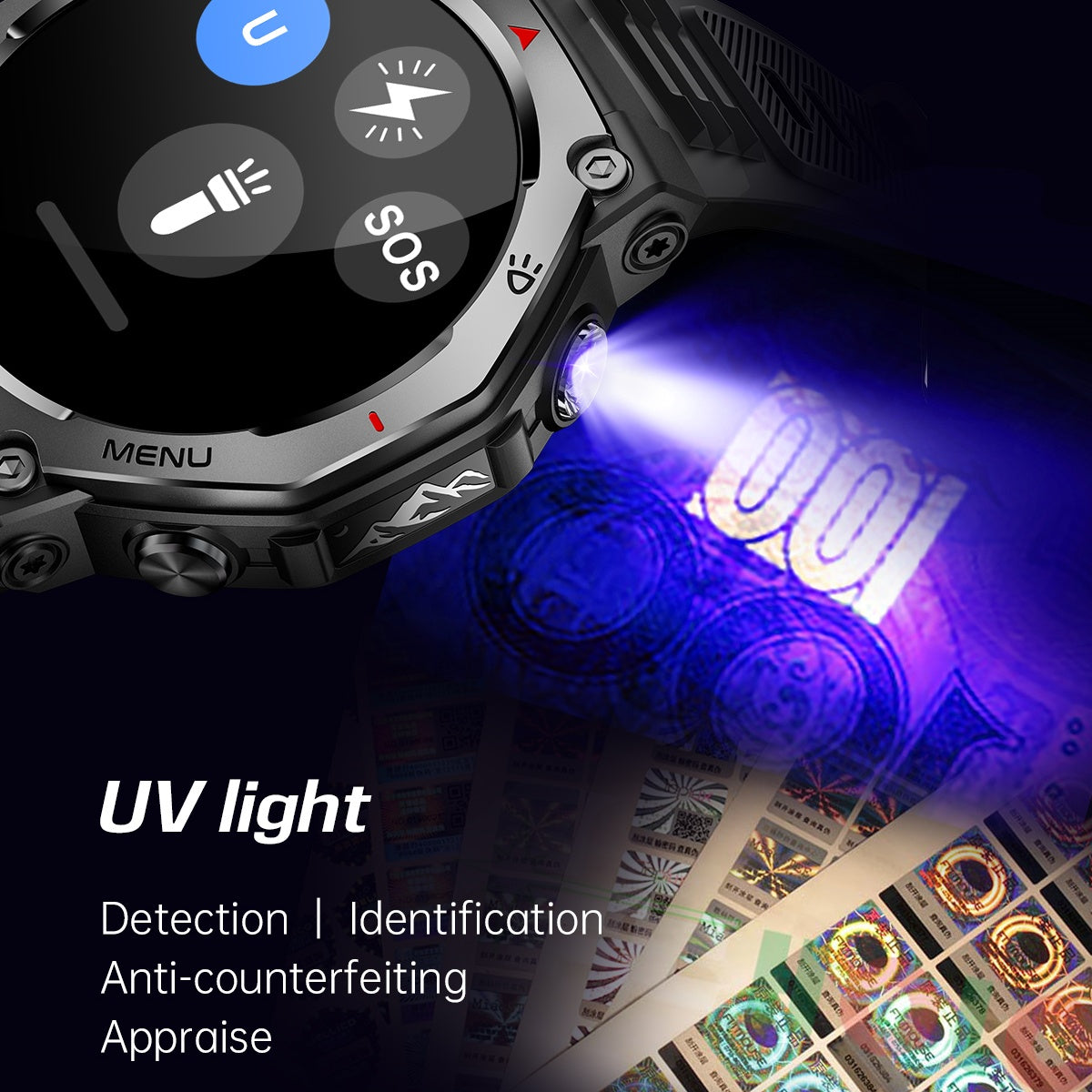 VWAR T-Rex Smartwatch mit Taschenlampe & UV-Licht 5ATM Wasserdichter Bluetooth-Anruf
