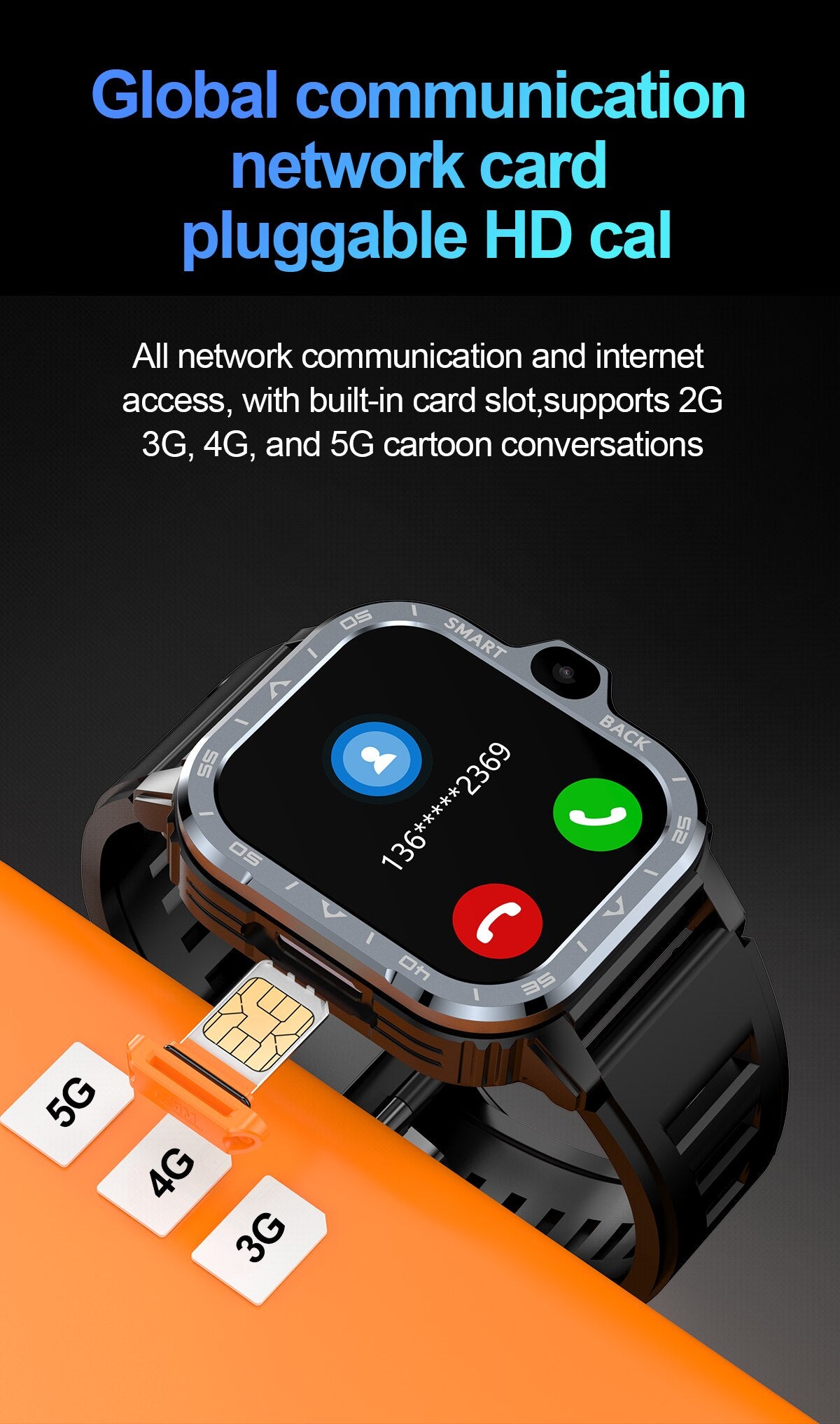 4G Android Smart Watch with SIM Card, WiFi, Dual Camera, Google Play, GPS, 800mAh Battery