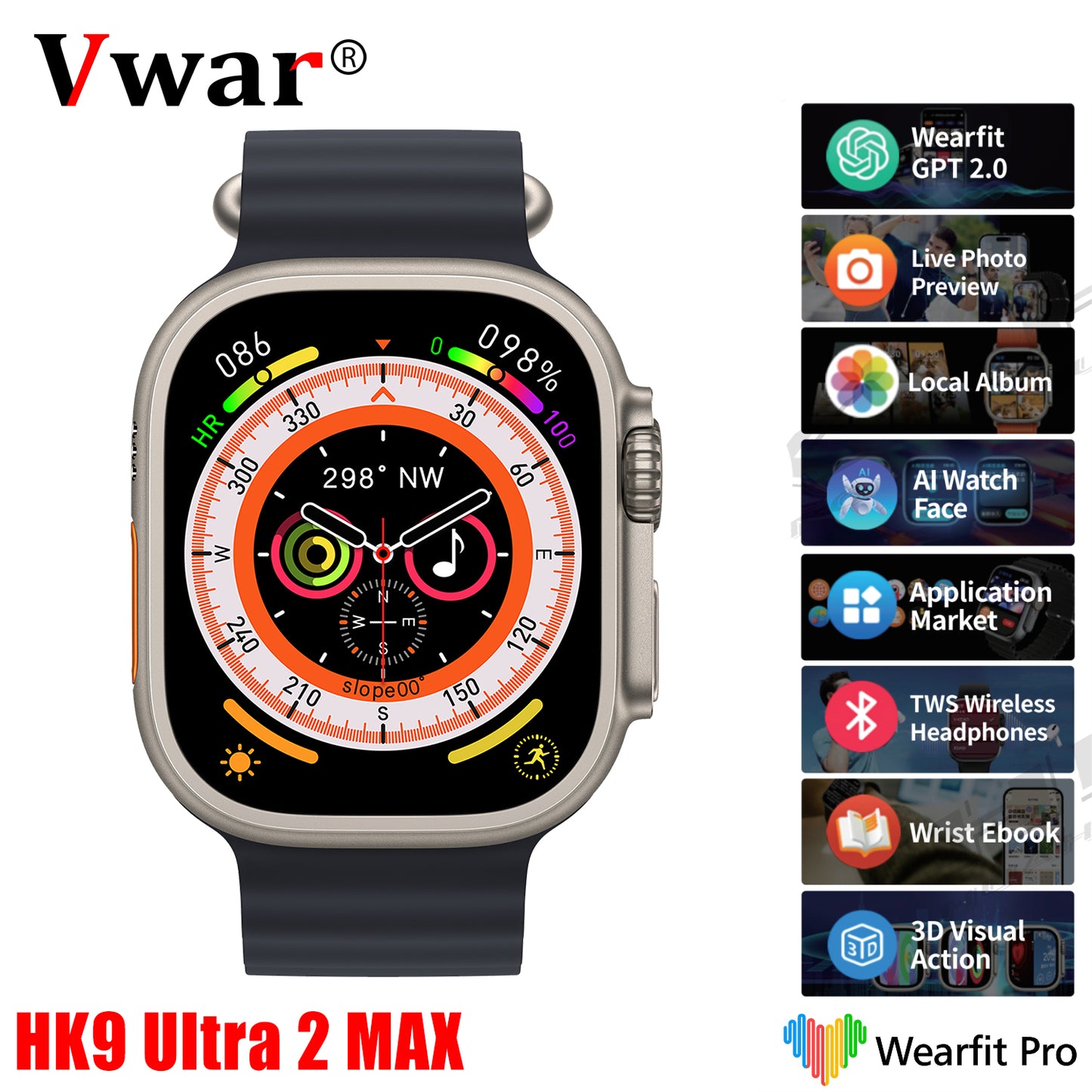 HK9 Ultra 2 MAX Smartwatch unterstützt Live-Fotos-Vorschau – 2024 NEU – von VWAR