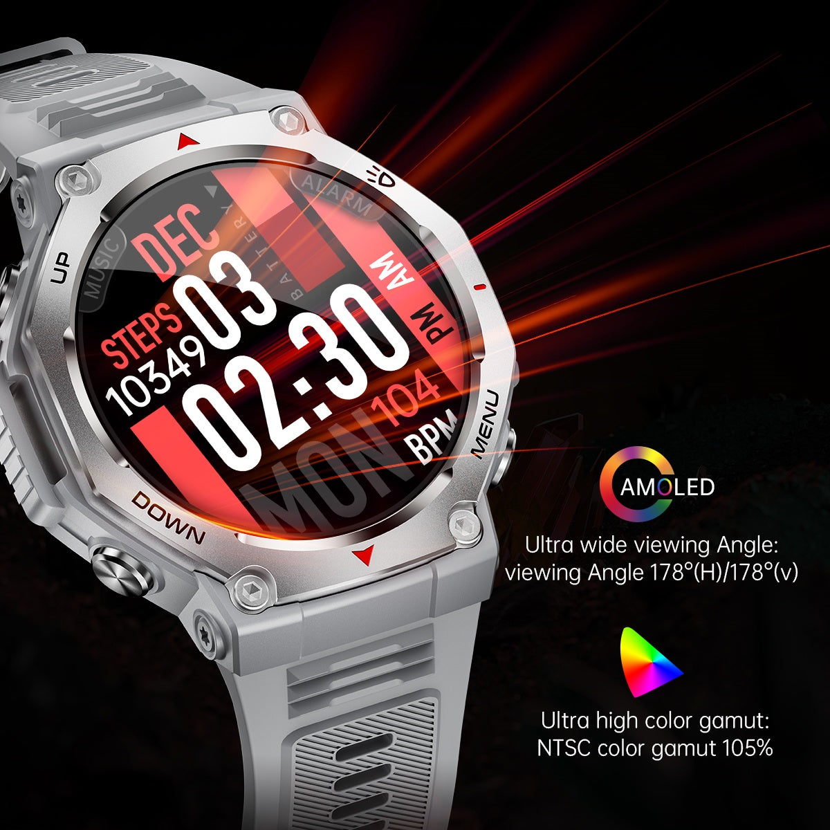VWAR T-Rex Smartwatch mit Taschenlampe & UV-Licht 5ATM Wasserdichter Bluetooth-Anruf
