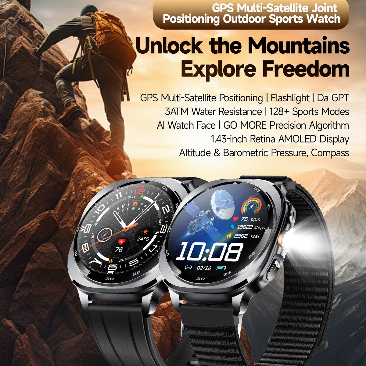 VWAR U8 Ultra Smartwatch, integrierte GPS-Taschenlampe, 3 ATM wasserdicht, für Samsung IOS