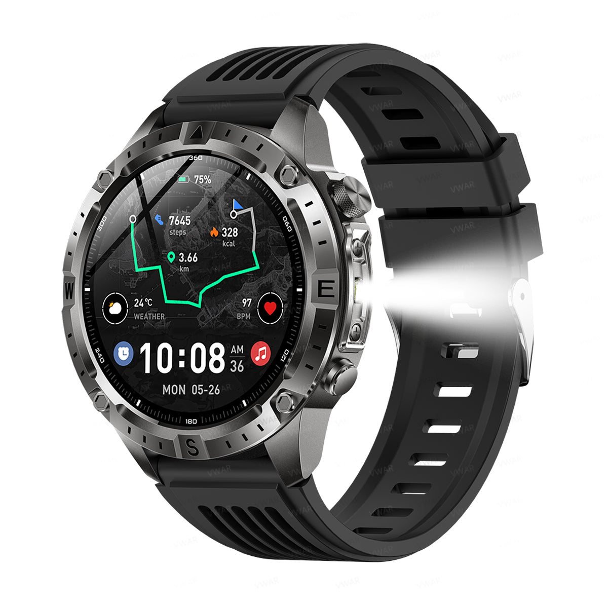VWAR Trek GPS-Smartwatch mit Offline-Karten, Taschenlampe, 5 ATM wasserdicht, 2 GB Speicher, lokale Musikaufzeichnung