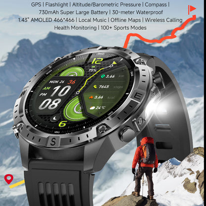 VWAR Trek GPS-Smartwatch mit Offline-Karten, Taschenlampe, 5 ATM wasserdicht, 2 GB Speicher, lokale Musikaufzeichnung