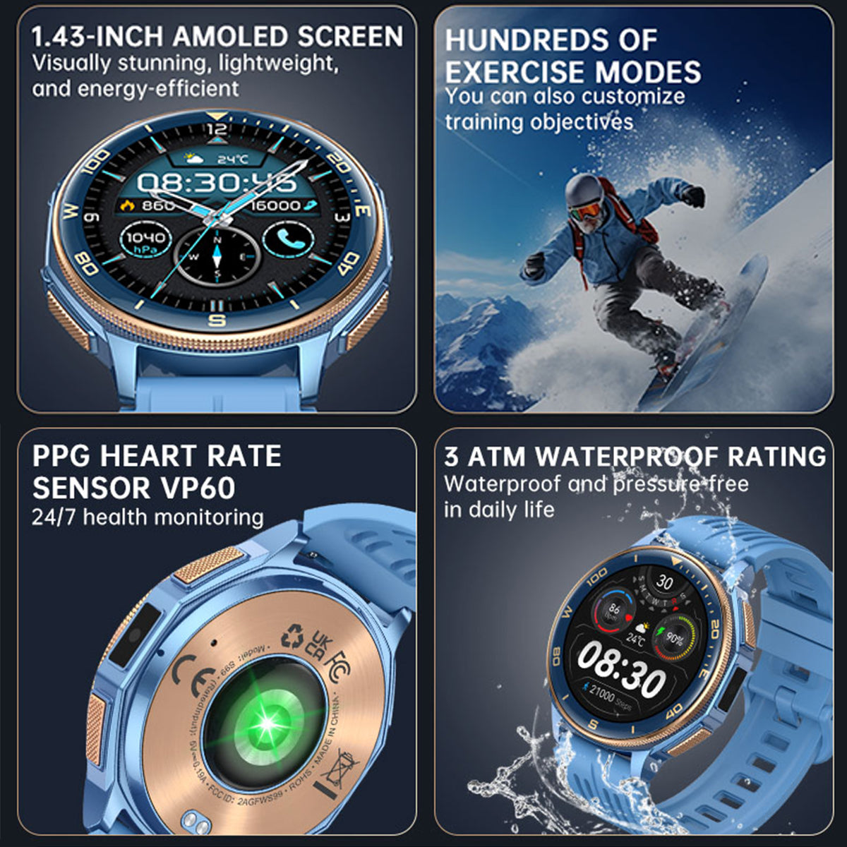 VWAR GPS Smart Watch- Dual Band Offline Maps, ChatGPT, 4 Function Buttons