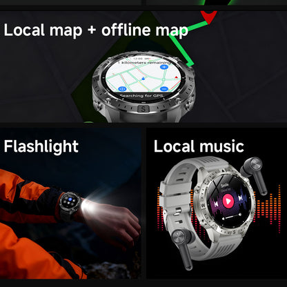 VWAR Trek GPS-Smartwatch mit Offline-Karten, Taschenlampe, 5 ATM wasserdicht, 2 GB Speicher, lokale Musikaufzeichnung