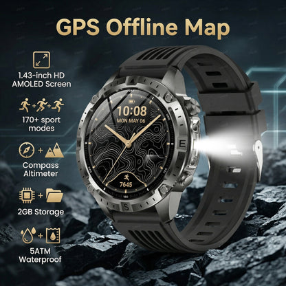VWAR Trek GPS-Smartwatch mit Offline-Karten, Taschenlampe, 5 ATM wasserdicht, 2 GB Speicher, lokale Musikaufzeichnung