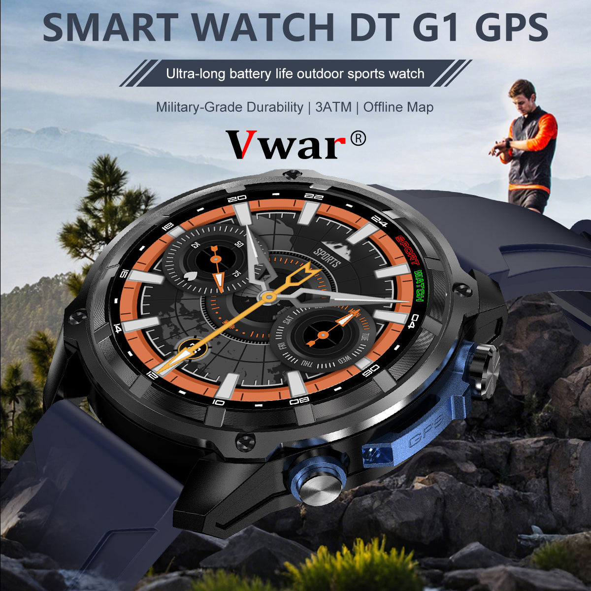 VWAR DT G1 táctico reloj inteligente con GPS mapa offline, 4GB Memory, 3 ATM resistente al agua hombre militar Watches