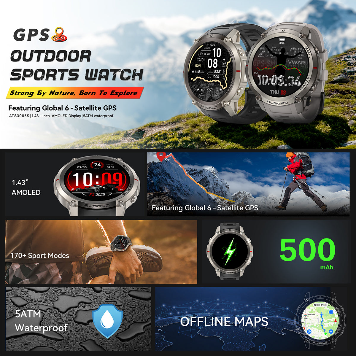 VWAR T-Rex 4 GPS Offline-Karten Smartwatch für Herren, 5ATM Wasserdicht