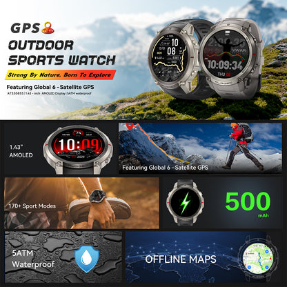 VWAR T-Rex 4 GPS Offline-Karten Smartwatch für Herren, 5ATM Wasserdicht