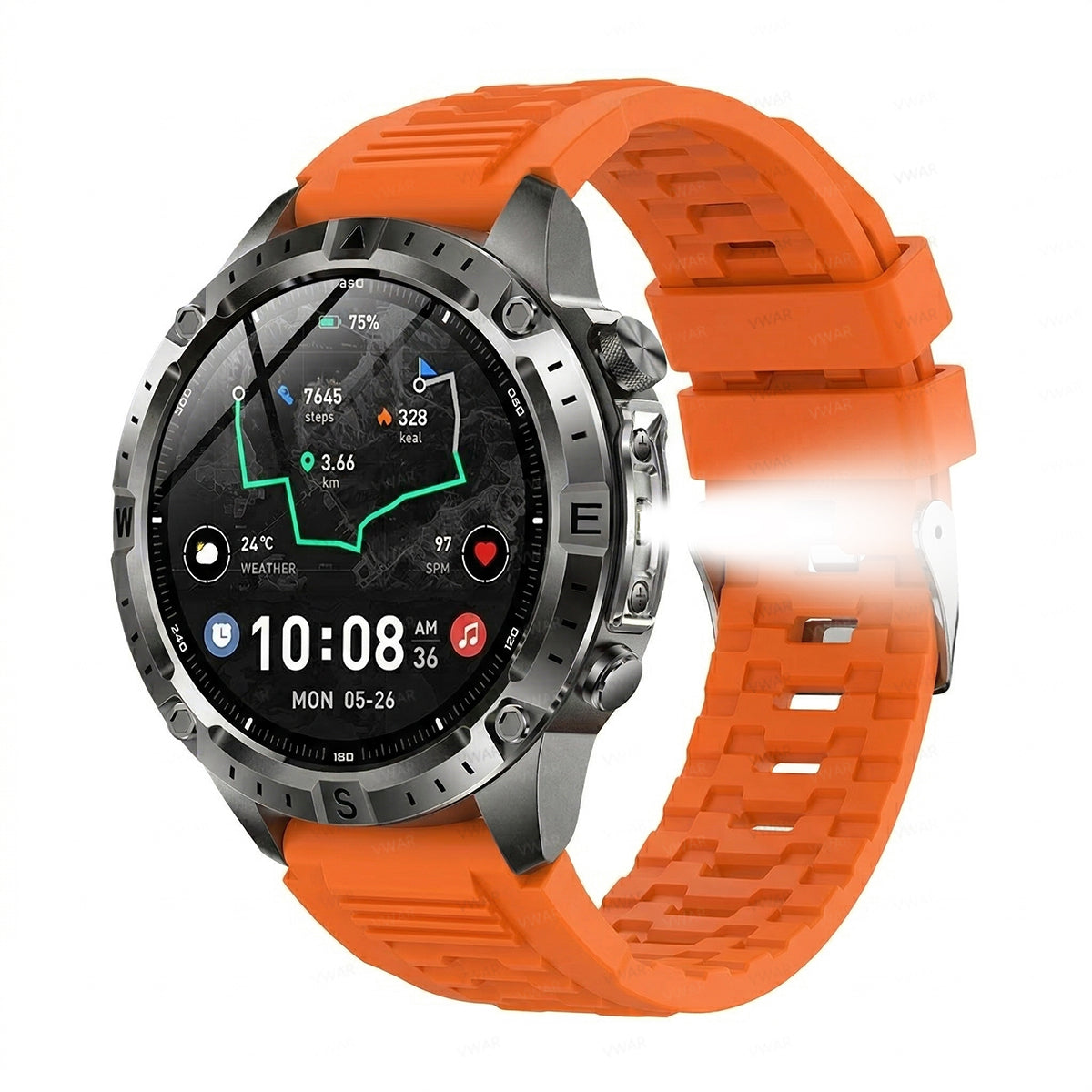 VWAR Trek GPS-Smartwatch mit Offline-Karten, Taschenlampe, 5 ATM wasserdicht, 2 GB Speicher, lokale Musikaufzeichnung