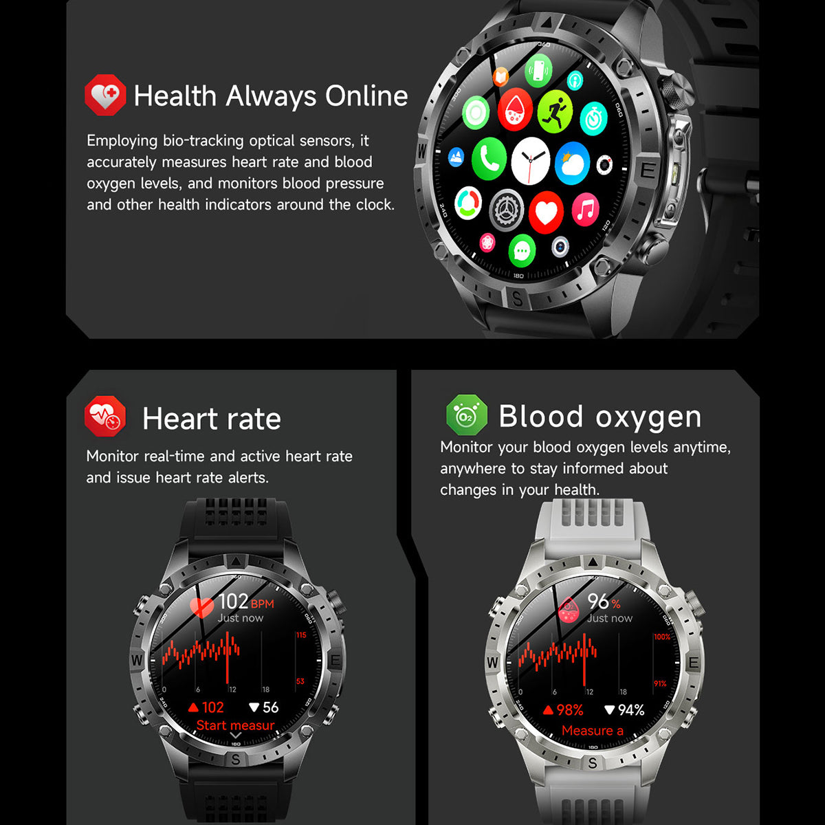 VWAR Trek GPS-Smartwatch mit Offline-Karten, Taschenlampe, 5 ATM wasserdicht, 2 GB Speicher, lokale Musikaufzeichnung