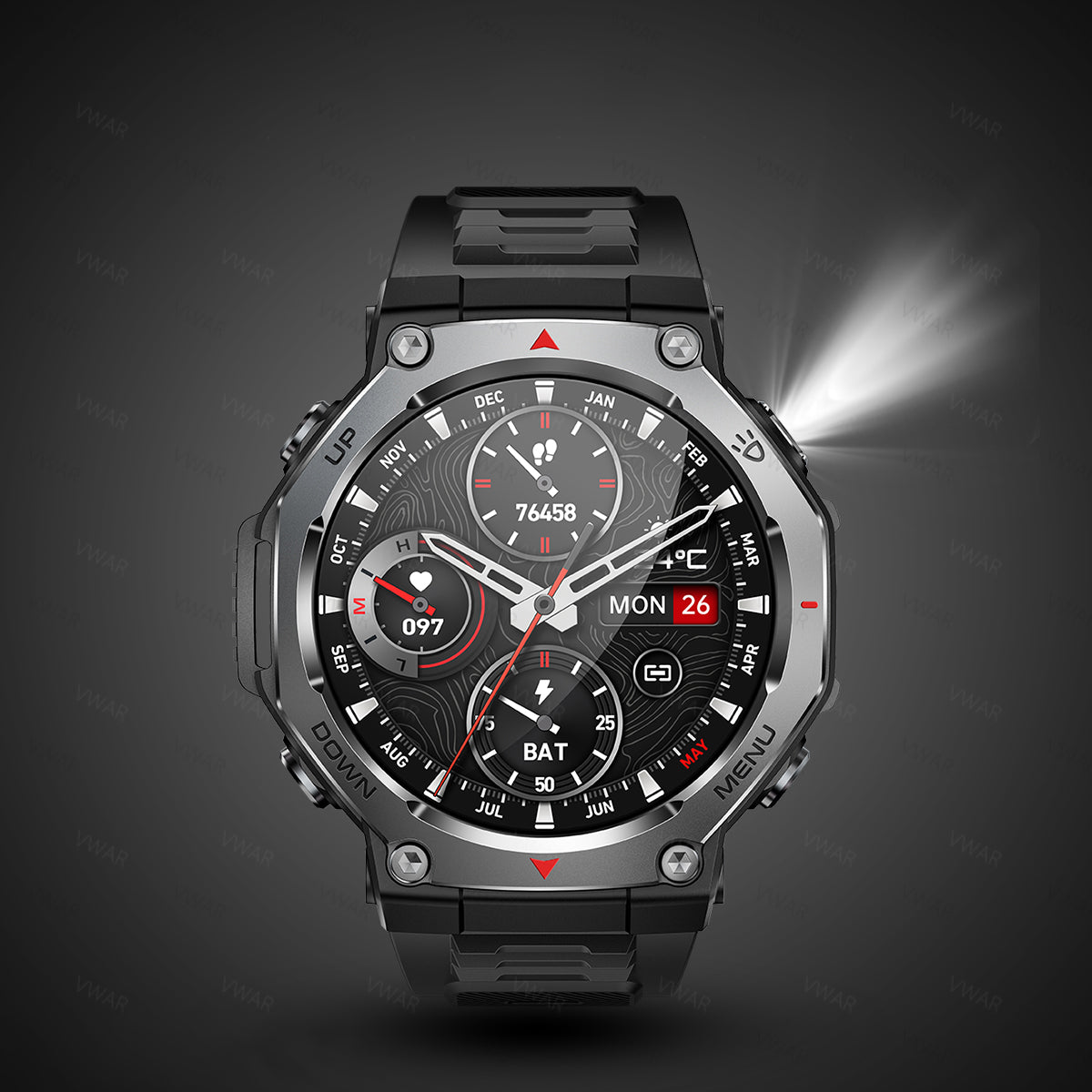 VWAR T-Rex Smartwatch mit Taschenlampe & UV-Licht 5ATM Wasserdichter Bluetooth-Anruf