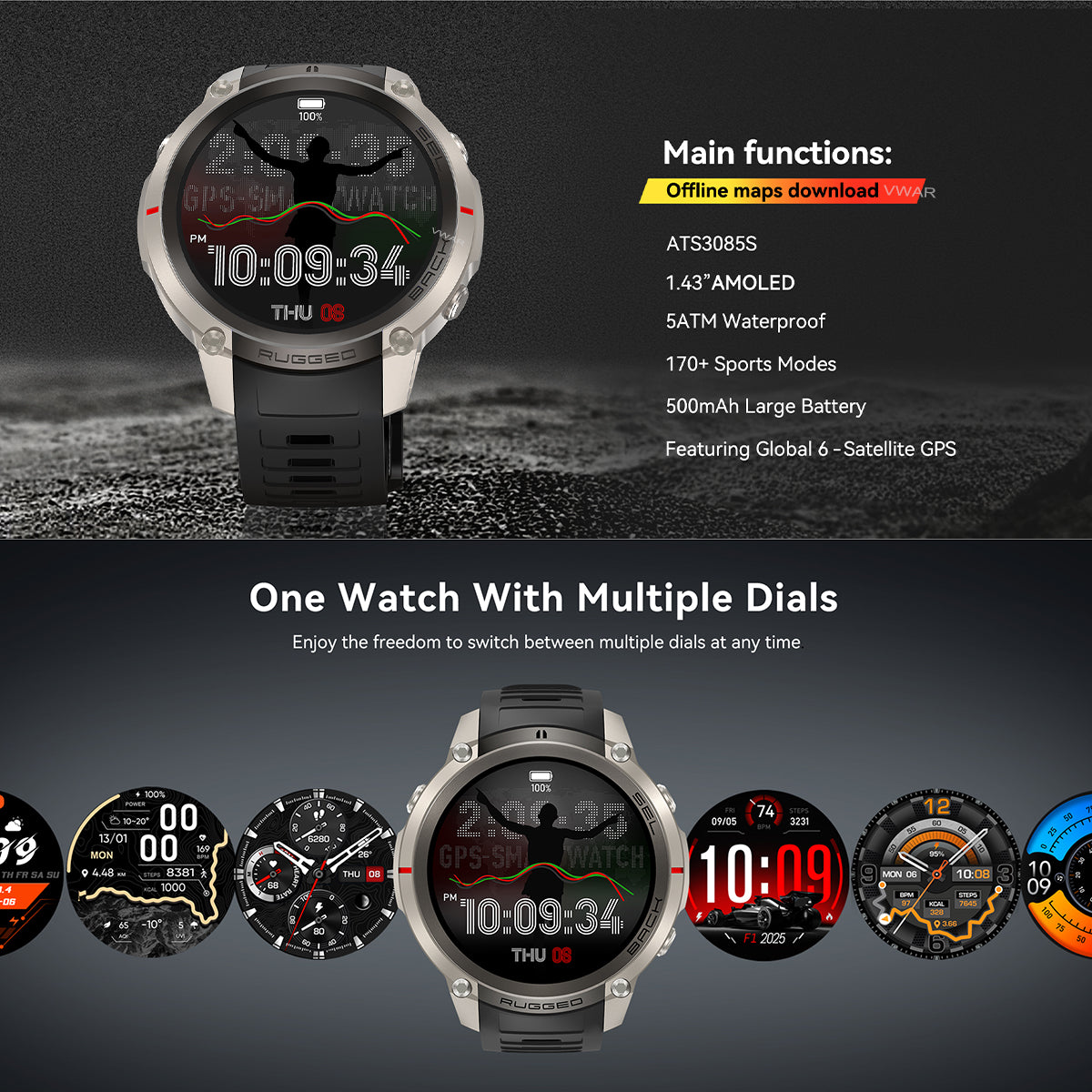 VWAR T-Rex 4 GPS Offline-Karten Smartwatch für Herren, 5ATM Wasserdicht